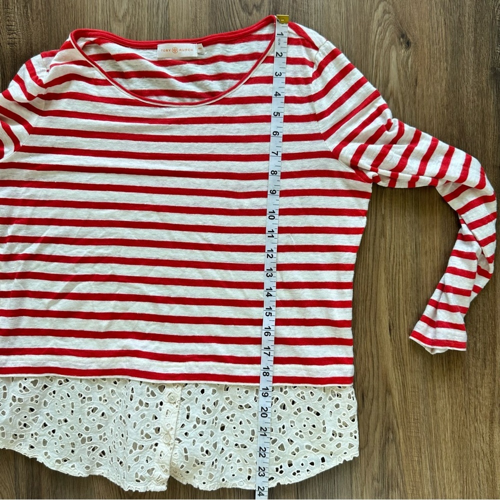 TORY BURCH Womens Linen Striped Top Blouse Medium Eyelet Lace Hem Red Layered - Picture 7 of 7